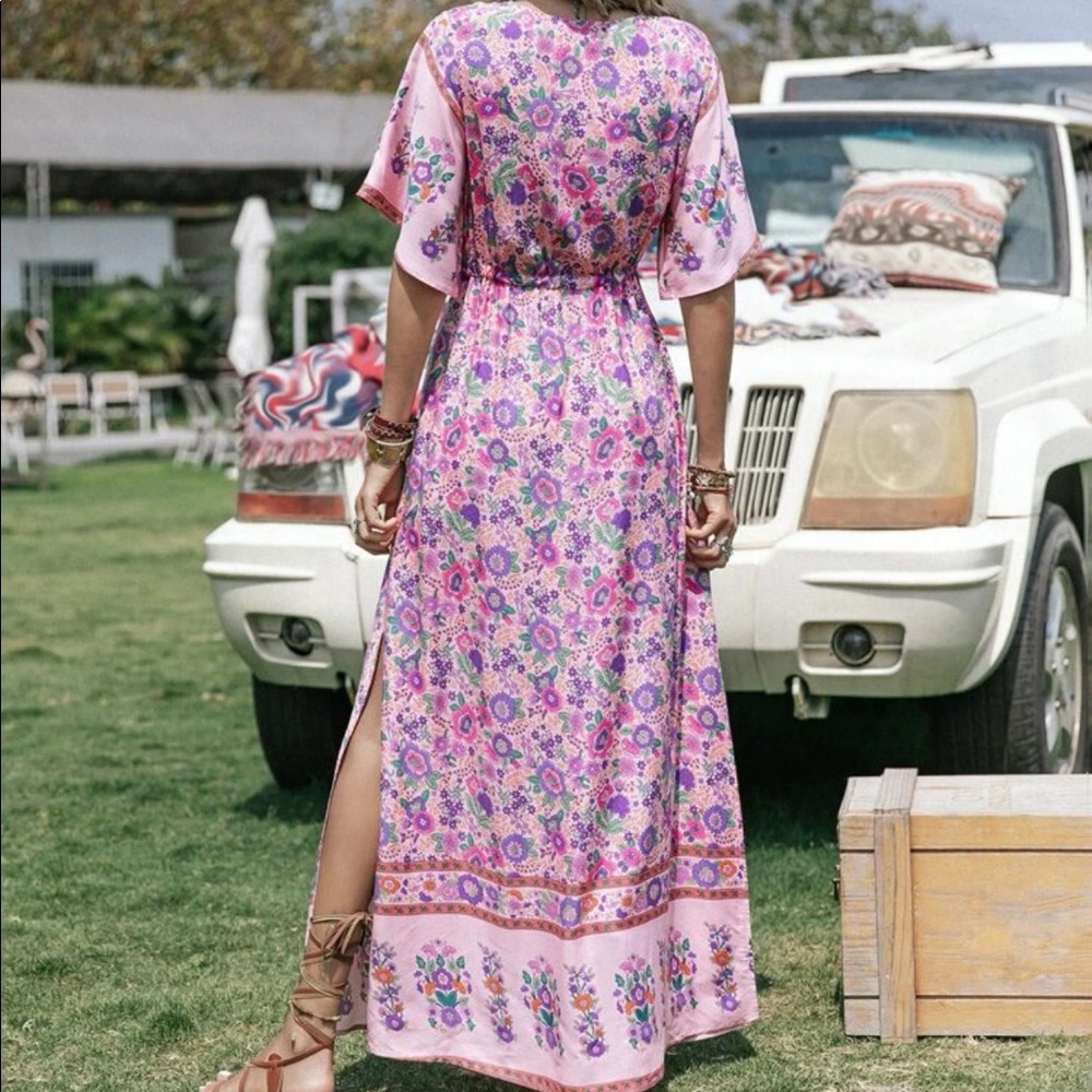 Bohemian Floral print split thigh draw string waist dress - Picture 2 of 7